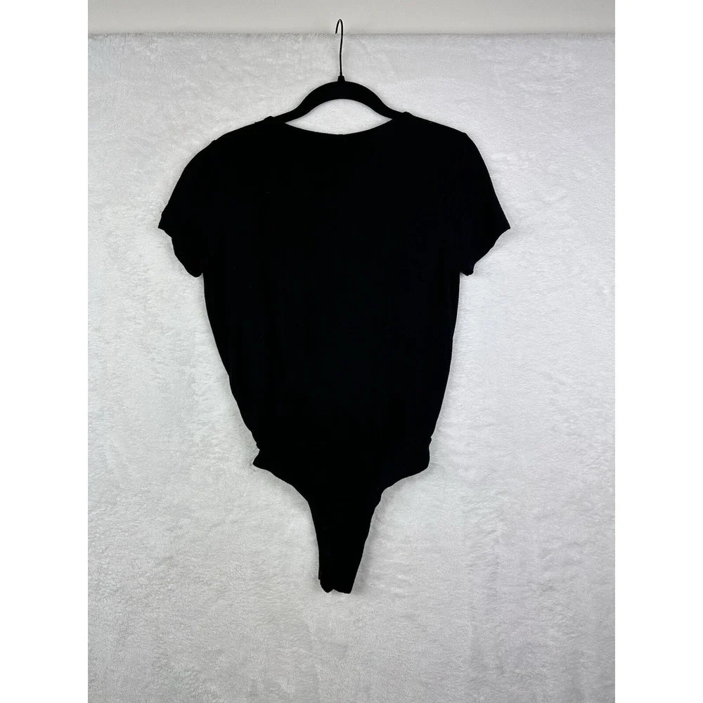 Lulus Womens Top Bodysuit Black Short Sleeve Size XS Satin Lined Edge EUC - Picture 9 of 11